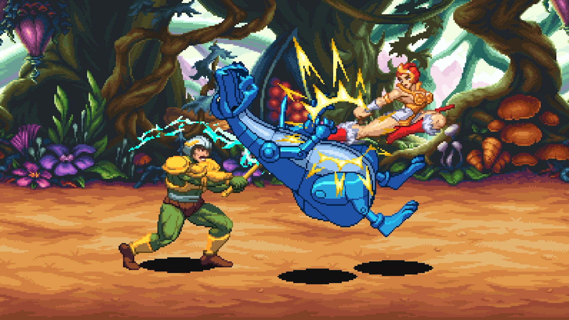 Teela and Man-At-Arms battle a blue enemy among giant trees.
