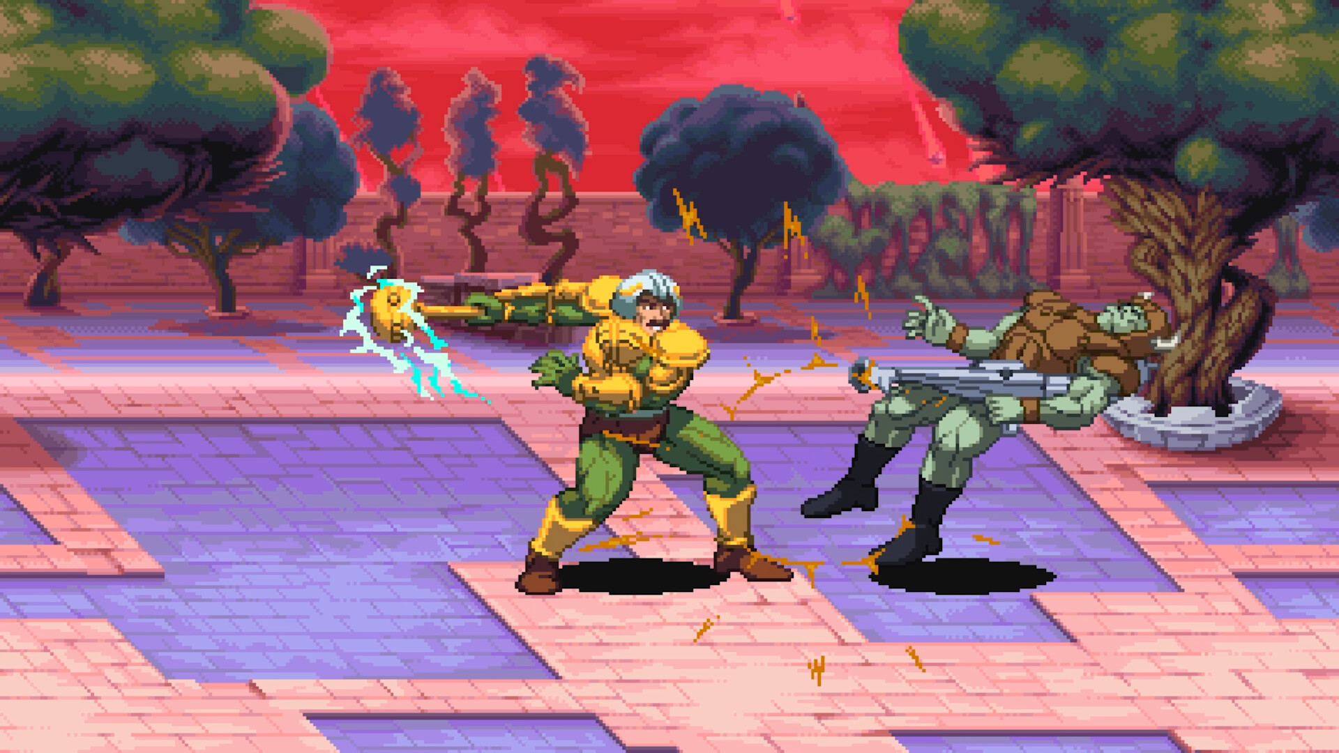 Man-At-Arms fights in a purple stone courtyard.